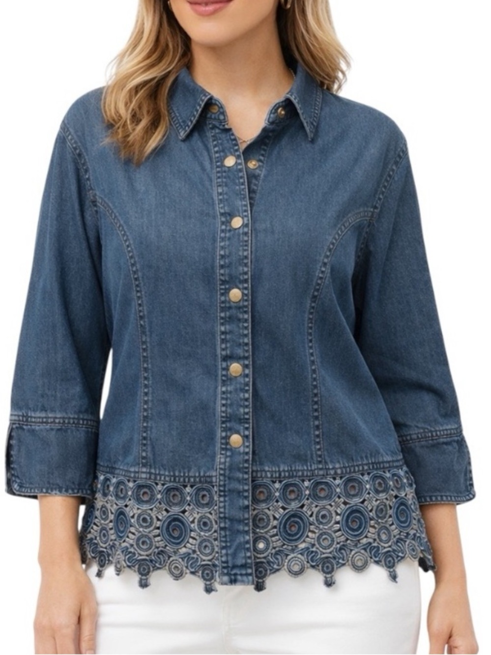 Boho Artisan Denim Jacket XL Cutwork Lace Hem Festival Coastal